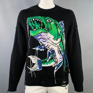 MSGM Size XL Black Green White Fish Distressed Cotton Crew Neck Sweater